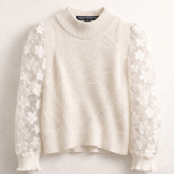 French Connection Cream Sweater with Floral Lace Sleeves - Picture 1 of 3